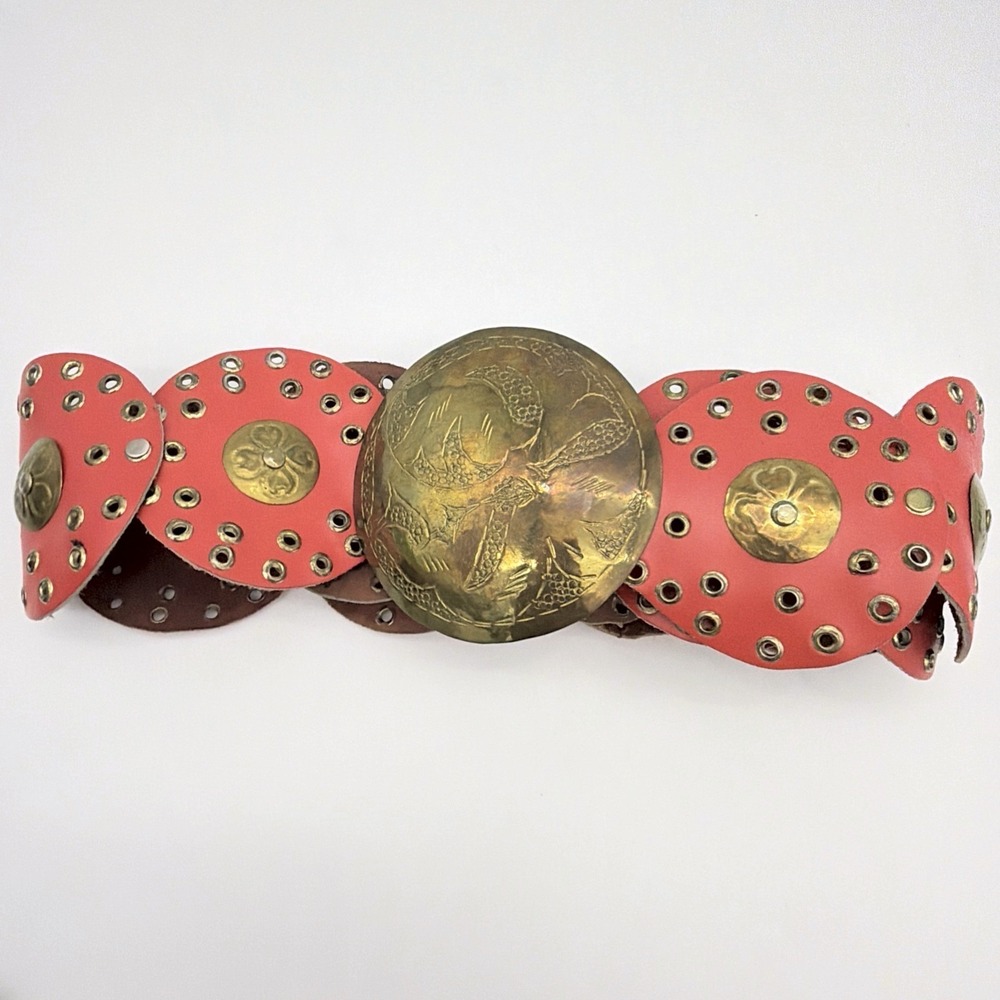 Vtg Morocco Boho Red Leather Brass Medallion Link Belt Etched Bird Buckle Adjust